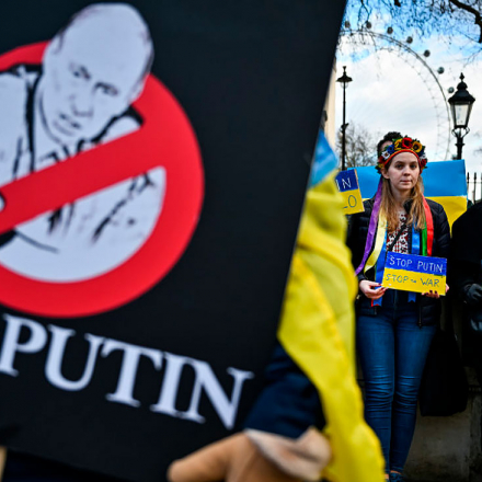 Ukrainians demonstrate in London after Russia’s Vladimir Putin authorized large-scale attacks on Ukraine, with Russian troops invading the country