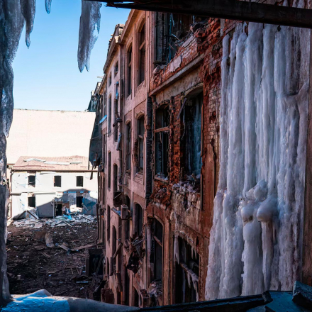 A view from a heavily damaged building, seen after Russian attacks in Kharkiv